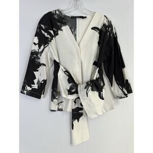 Iris Setlakwe Womens White Black Tie Front V-Neck Long Sleeve Tunic‎ Sz 10